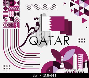Katar-Nationalbanner, auf dem "Katar" in arabischer Kalligraphie steht. Karte der Flagge von Doha Katar, modernes abstraktes geometrisches Retro-Design. Lila Violett. Stock Vektor