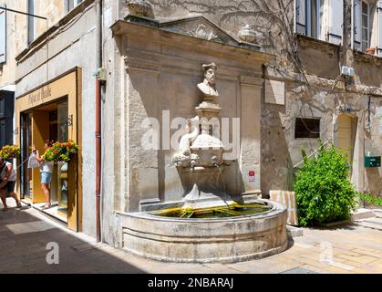 Der Nostradamus-Brunnen in der mittelalterlichen Altstadt von Saint-Remy-de-Provence, Frankreich, in der Region Provence Cote d'Azur in Südfrankreich. Stockfoto