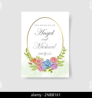 Elegante Hochzeitseinladungskarte mit Blattvorlage Premium. Aquarell-Vektordarstellung Stock Vektor