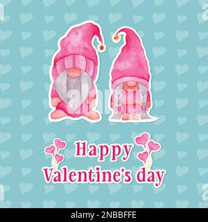 Happy Valentine Day with Cute Gnome Holding Heart Balloon, I love you, Cartoon Illustration. Aquarell-Vektordarstellung Stock Vektor