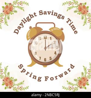 Sommerzeitkonzept. Die Uhren bewegen sich eine Stunde vorwärts. Blumenlandschaft mit Text Spring Forward, die Hand der Uhren verwandelt sich in ein Sommer-T Stock Vektor