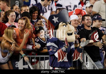 New England Patriots mascot Pat Patriot steps out of kiddie pool wearing  rubber waders and a fishing vest during the primiere of a new Bass Pro  Shops store being constructed on the