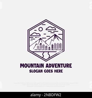 Outline Mountain Adventure Logo Design Vektor, Line Art sechseckiges Logo für Outdoor Adventure Symbol Illustrationsvorlage Stock Vektor