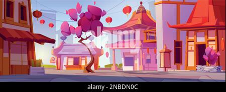 Blick auf die Straße in Chinatown mit Kirschblüten-Cartoon-Landschaft. Sakura-Baum in der Nähe des japanischen Gebäudes und der Stadtstraße im Dorf. Reisen Sie zu Laternen im asiatischen Haus oder orientalischen Stadtbild. Stock Vektor