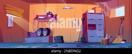 Dreckiger Garageninnenhintergrund. Leere verlassene Werkstatt oder Lagerraum im Inneren des Cartoons. Lagerraum im Untergeschoss mit Spinnennetz und zu reparierenden Fahrzeugausrüstungen. Stock Vektor