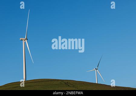 Windturbinen auf dem grünen Hügel über dem blauen Himmel. Nachhaltige Energie Stockfoto