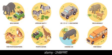 Isometrische Foto-Safari-Kompositionen mit Personen, die in Savanna reisen, isolierte Vektordarstellung Stock Vektor