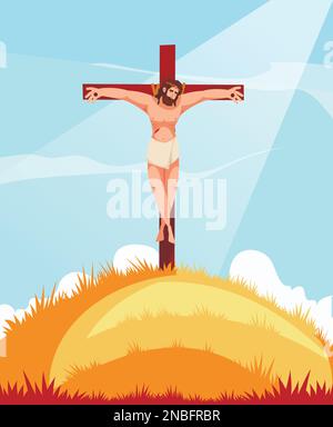 Jusus Christus auf Kreuzigung Kreuz Kind Bibel Cartoon Szene Vektor Illustration Stock Vektor