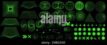 Geometrische 3D-Drahtmodellformen. Cyberpunk-Elemente im futuristischen Retro-Stil von Y2K. Stock Vektor