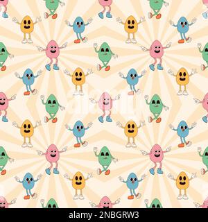 Groovy Hippie Happy Easter Nahtloses Muster. Osterhintergründe im trendigen Retro-60s 70s-Cartoon-Stil. Stock Vektor