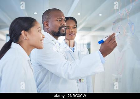 An der Innovationsstation. Eine Gruppe von Wissenschaftlern, die ein Brainstorming in einem Labor durchführen. Stockfoto