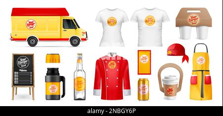 Realistische Corporate Identity Fast-Food-Restaurant Mockup mit Verpackungsvorlagen einheitliche van isoliert Vektor-Illustration gesetzt Stock Vektor