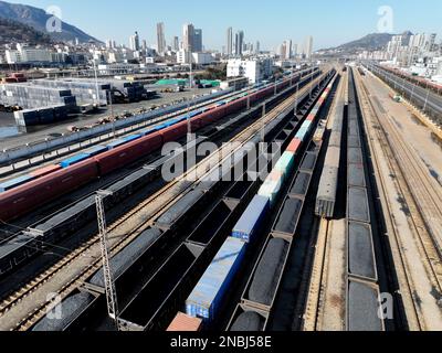 LIANYUNGANG, CHINA - 14. FEBRUAR 2023 - China-europa-Güterzüge, beladen mit Containern, warten an einer Bahnstation in der Stadt Lianyungang, EA Stockfoto