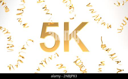 Golden 5k Follower Symbol mit Konfetti für die 3D-Rendering-Feier. Stockfoto