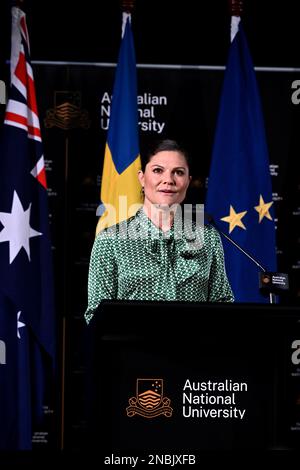 Sydney, Australien, am 14. Februar 2023. Crown Princess Victoria hielt am 14. Februar 2023 eine Sonderrede an der Australian National University in Canberra, Australien, um die Podiumsveranstaltung zum Thema Elektrifizierung in Schweden und Australien zu eröffnen. Das schwedische Kronprinzessinnen-Paar ist auf einem offiziellen Besuch in Australien. Foto: Jonas Ekstromer/TT/Code 10030 Stockfoto