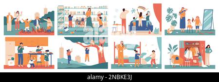 Flache Kinderstreiche mit Eltern und verspielten Kindern, die Chaos anrichten und sich verhält, isolierte Vektordarstellungen Stock Vektor