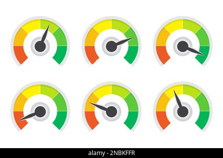 Satz von Füllstandsanzeigern Tachometer in flacher Ausführung Stock Vektor