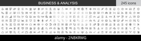 Große Auswahl an 245 Geschäfts- und Analysesymbolen. Symbolsammlung mit dünnen Linien. Vektordarstellung Stock Vektor