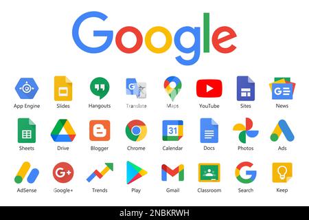 Google Produkte und Programme Logo auf weißem Hintergrund. Google Icons-Sammlungen Stock Vektor