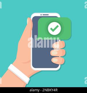 Smartphone mit Handgriff und Häkchen in flachem Design Stock Vektor