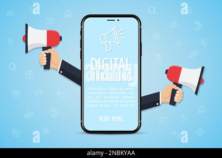 Digitales Marketingkonzept. Smartphone mit Händen, die ein Megafon halten Stock Vektor