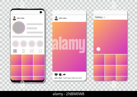 Modell eines Smartphones mit Frames in sozialen Netzwerken. Vorlage für soziale Netzwerke im Smartphone. Gruppe von Frames für soziale Netzwerke Stock Vektor