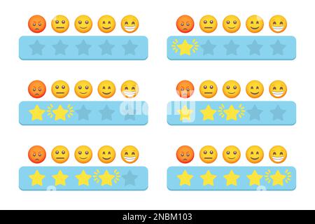 Satz von Sternen mit Sternen und Emoji für Kundenfeedback in flachem Design Stock Vektor