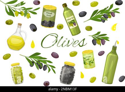 Grüne und schwarze Oliven flacher Hintergrund mit Öl in Flaschen und Vektorabbildung in Dosen Stock Vektor