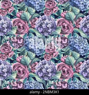 Hortensienblüten sind rosa, lila und blau mit Rosenknospen. Aquarelldarstellung. Nahtloses Muster aus DER HOCHZEITSBLUMEN-Kollektion. Für Stockfoto