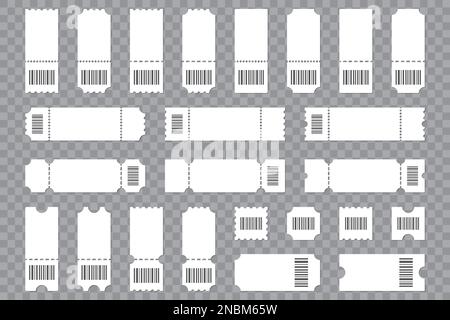 Satz leerer Ticket-Vorlage mit Barcode auf transparentem Hintergrund Stock Vektor