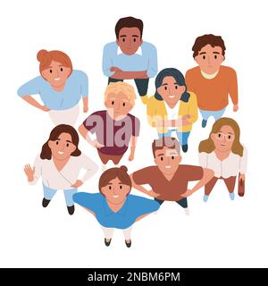 Eine Gruppe glücklicher lächelnder Menschen, die von oben auf eine flache Vektordarstellung mit weißem Hintergrund schauen Stock Vektor