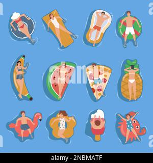 Die Menschen schweben auf bunten aufblasbaren Spielzeugen verschiedener Formen, die von oben auf blauem Hintergrund angeordnet sind. Eine isolierte Vektordarstellung Stock Vektor