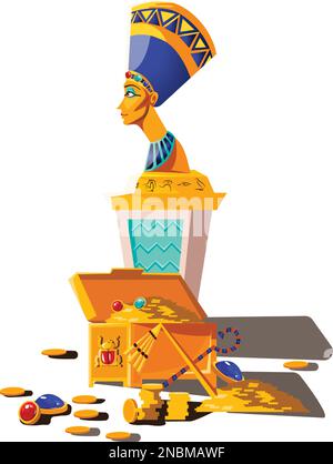 Das alte ägyptische Vektor-Cartoon-Set. Sammlung ägyptischer Kultursymbole, Statue von Nefertiti mit Hieroglyphen und Schatztruhe mit Goldmünzen und Edelsteinen, isoliert auf weißem Hintergrund Stock Vektor