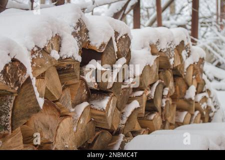 Schneestämme. Gehacktes Holz unter Schnee. Hartholz auf verschneitem Hinterhof. Winter im Dorf. Ein Haufen Brennholz. Ökologischer Kraftstoff. Ein Haufen gehackter Bäume. Stockfoto