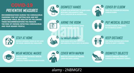 Coronavirus-Infografik Hintergrund. Präventive Maßnahmen Symbole für nicht krank zu werden und nicht Virus zu verbreiten Stock Vektor