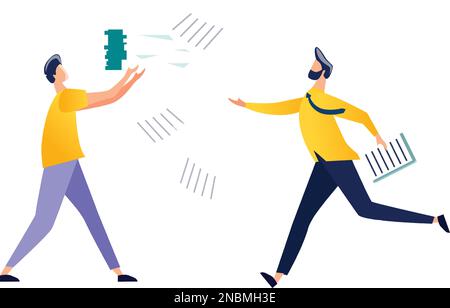 Zwei Büroangestellte in Eile, männliche Charaktere laufen und versuchen, fallende Papierblätter oder Dokumente zu fangen. Terminkonzept, Panik und Stress am Arbeitsplatz Stock Vektor