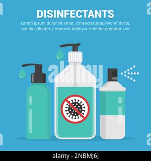 Desinfektionsmittel. Geldesinfektionsmittel, Flüssigseife und Spray in flachem Design Stock Vektor