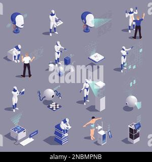 Maschinelles Lernen Deep Learning Set mit isometrischen Symbolen von Gadgets Computer und menschlichen Figuren, die Cyborgs Vektordarstellung beibringen Stock Vektor