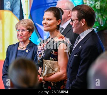 Sydney, Australien, am 14. Februar 2023. Kronprinzessin Victoria von Schweden und Prinz Daniel nehmen am 14. Februar 2023 an einem Empfang im Government House in Sydney, Australien, Teil, mit Margaret Beazley, Gouverneur von New South Wales, und ihrem Ehemann Dennis Wilson. Das schwedische Kronprinzessinnen-Paar ist auf einem offiziellen Besuch in Australien. Foto: Jonas Ekstromer/TT/Code 10030 Stockfoto