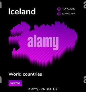 Karte von Island 3D. Stilisierte Neon-Karte Islands mit digitalen isometrischen Streifen in violetten und rosafarbenen Farben auf schwarzem Hintergrund Stock Vektor