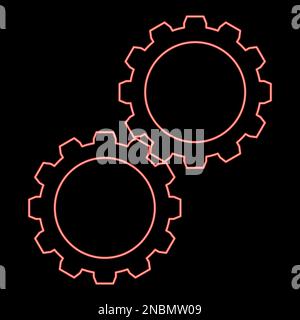Neon zwei Zahnräder Zahnradsatz Zahnräder mit Arbeitsmechanismus verbunden rote Farbe Vektor Abbildung flaches Licht Stock Vektor