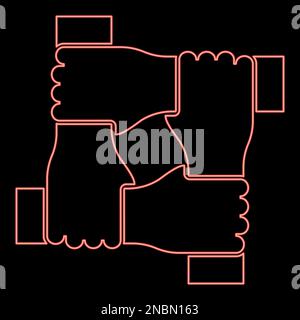 Neon Four Hands Together Konzept Teamwork vereinte Teamführung Arm ineinandergreifend am Handgelenk Zusammenarbeit Roter Farbvektor Stock Vektor