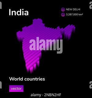 Karte Indien 3D. Stilisierte isometrische Vektor-3D-Karte Indiens in violetten Farben auf schwarzem Hintergrund. Geografische Karte, Infografik. Stock Vektor