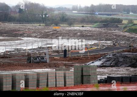 Poverty Lane Maghull. Sefton. Die Arbeiten beginnen auf dem Land östlich von Maghull. Eine neue Wohnsiedlung ist planned,1700 Häuser werden voraussichtlich auf dem ehemaligen Green Belt und derzeit hochwertige landwirtschaftliche Website gebaut werden. Stockfoto