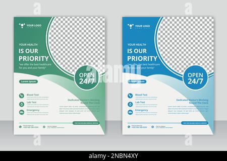 Healthcare deckt A4-Vorlagendesign und flache Symbole für einen Bericht und medizinische Broschüren Design, Flyer, Broschüren Dekoration für Druck und Präsentation ab Stock Vektor