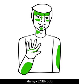 Erwachsener Mann mit Emotionen des Ekels. Ein weißer Mann mit blondem Haar schützt sich mit seiner Hand. Linienart handgezeichnetes Design, Halbkörper vecto Stock Vektor