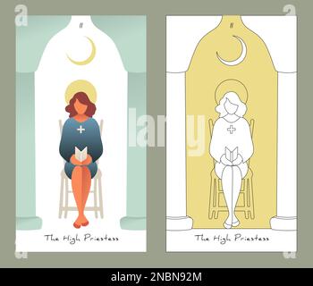 Major Arcana Tarotkarten. Stilisiertes Design. Die Hohepriesterin. Frau, die ein Buch liest, sitzt auf einem Stuhl. Stock Vektor