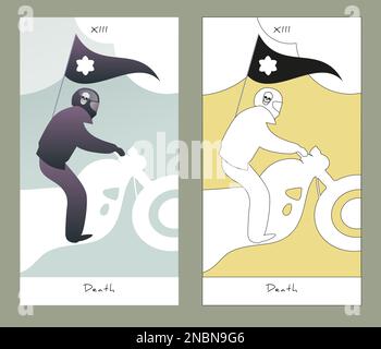 Major Arcana Tarotkarten. Stilvolles Design. Der Tod. Ein Biker mit einem Schädel auf dem Helm, mit einer Fahne und einer Blume. Stock Vektor