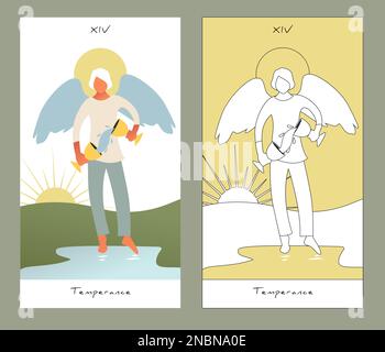 Major Arcana Tarotkarten. Stilvolles Design. Temperament. Engel mit Aussehen und Kleidung eines jungen Mannes, großen Flügeln, Haarmädchen, Wasser aus einem gießt Stock Vektor