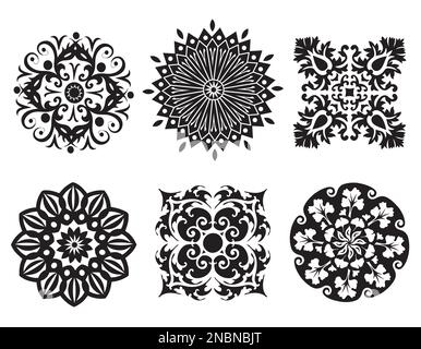 Set mit Blumen- und Naturmandalas in Schwarz und Weiß Stock Vektor